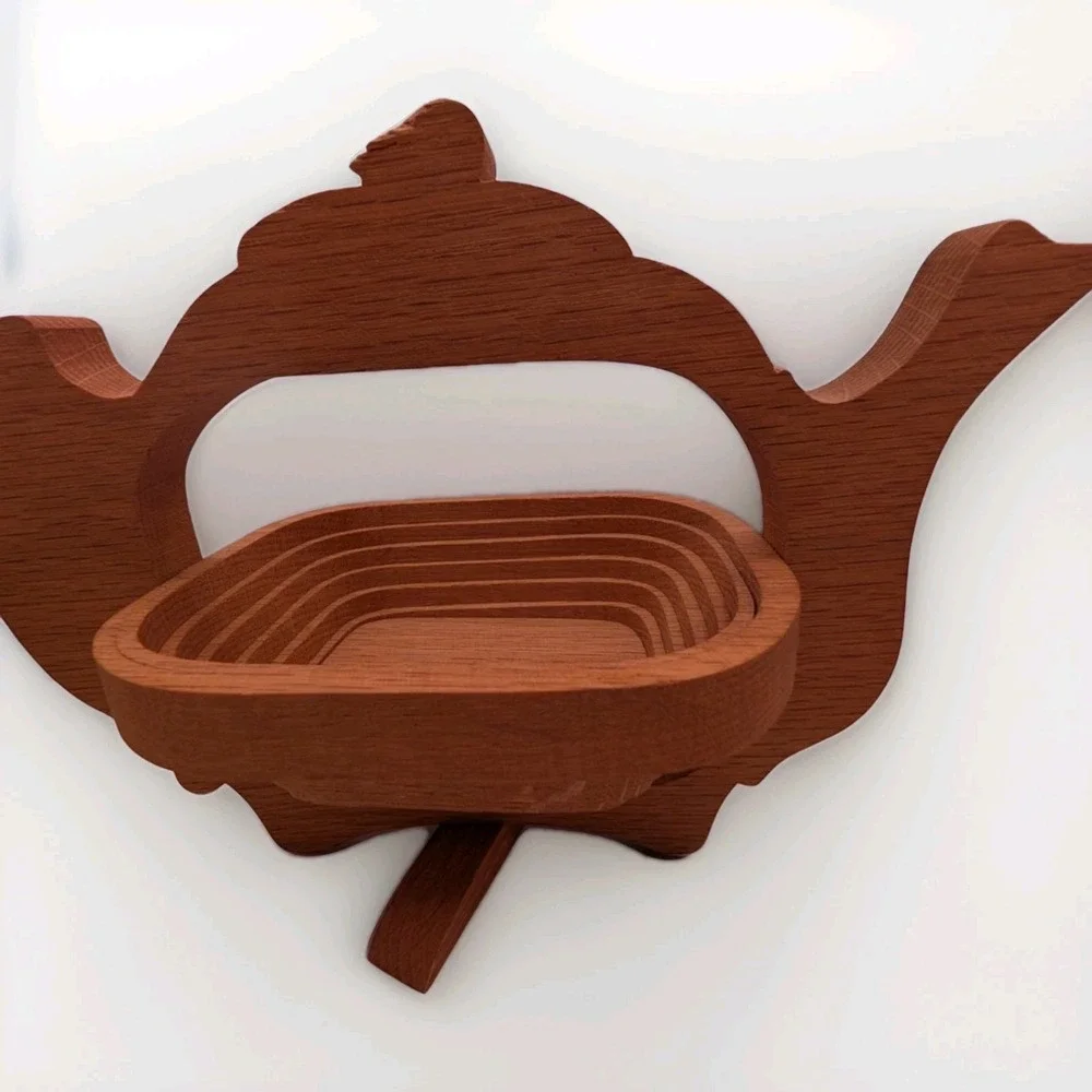 John Keim Pear Tree Basket Collapsible Accordion Wood Teapot Shape Signed 1990s